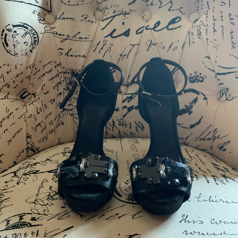 Black Tory Burch Suede Heels w/stones at the front